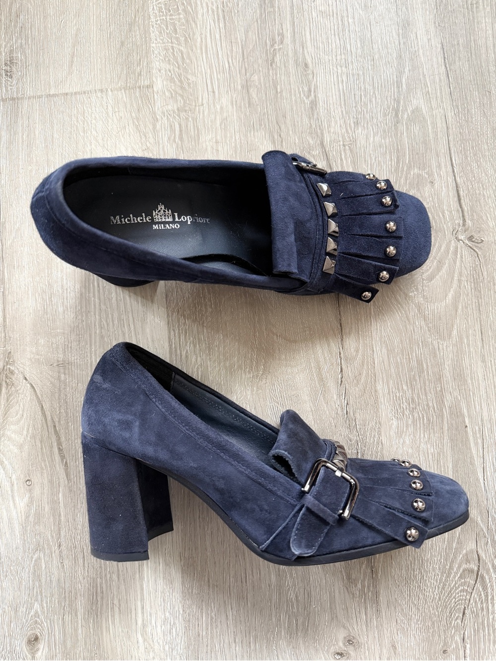 Michele Lopriore Women’s Navy Blue Suede Block Fringe Heel Loafer 39